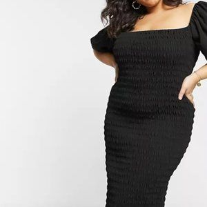 ASOS New Look Curve shirred bardo midi dress in black, Size 22
